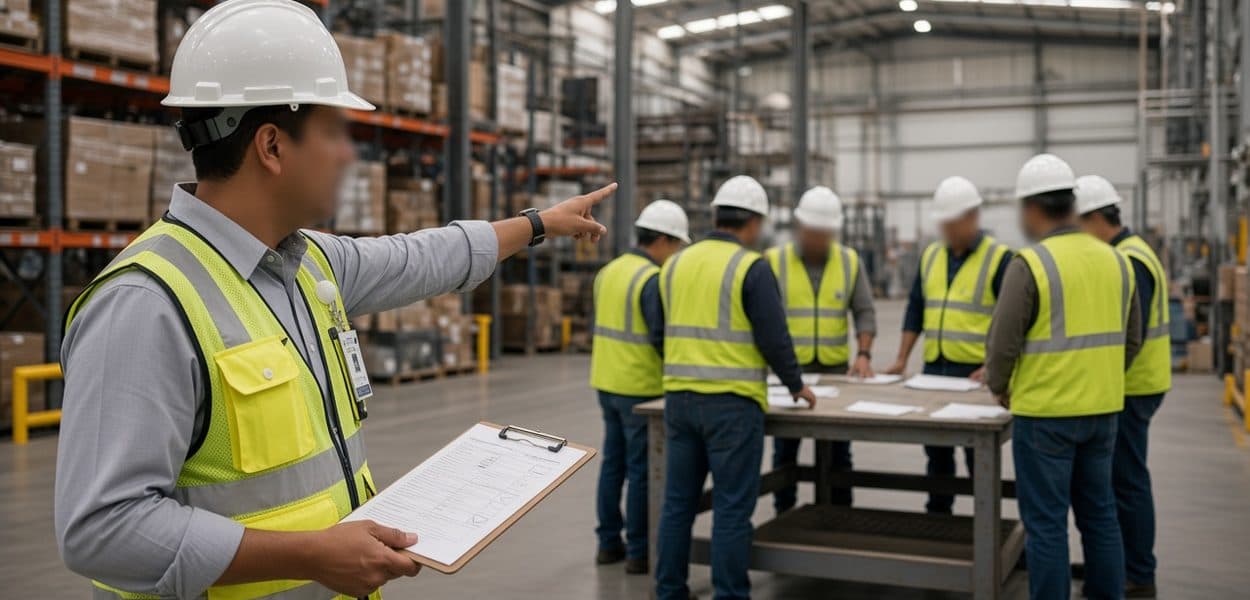 Instructor guiando a la comisión de seguridad e higiene durante un recorrido de verificación en una planta industrial