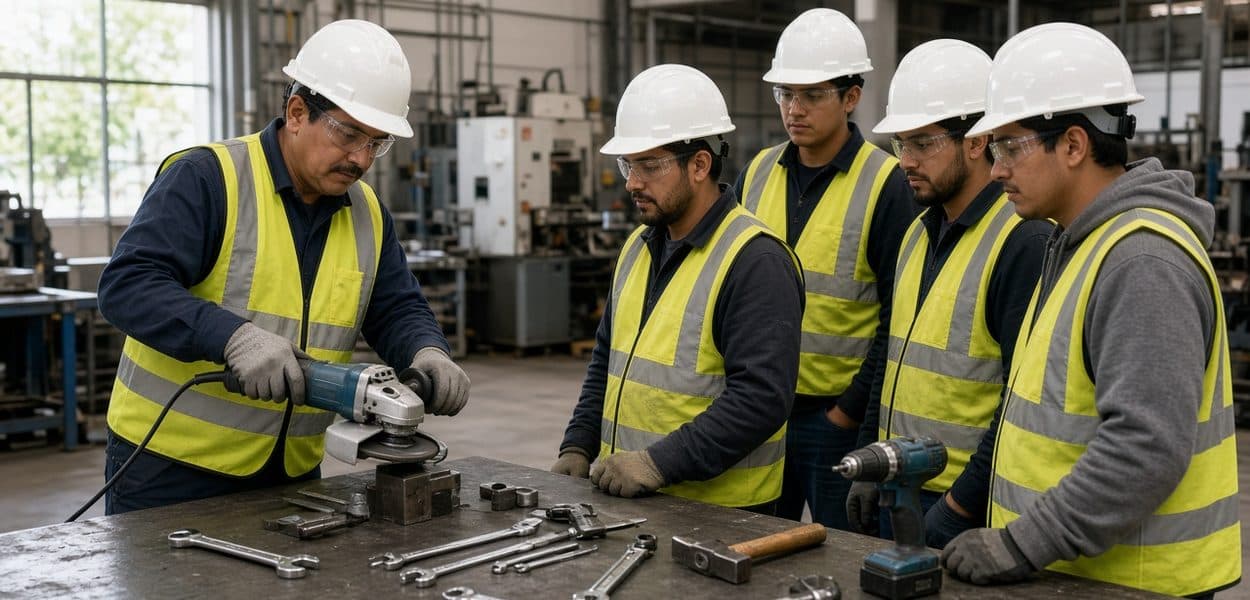 Instructor enseñando el uso seguro de una esmeriladora a trabajadores en el Curso de Manejo de Herramientas Industriales