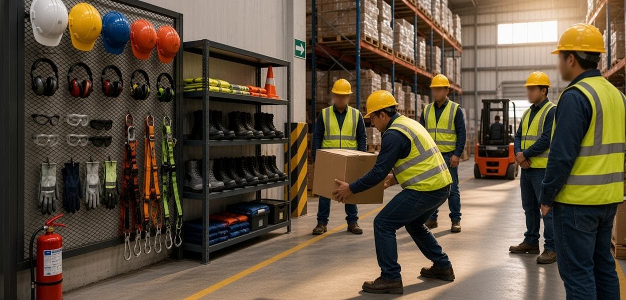 Trabajador levantando una caja con la técnica correcta durante el Curso de Manejo Seguro de Cargas en un almacén