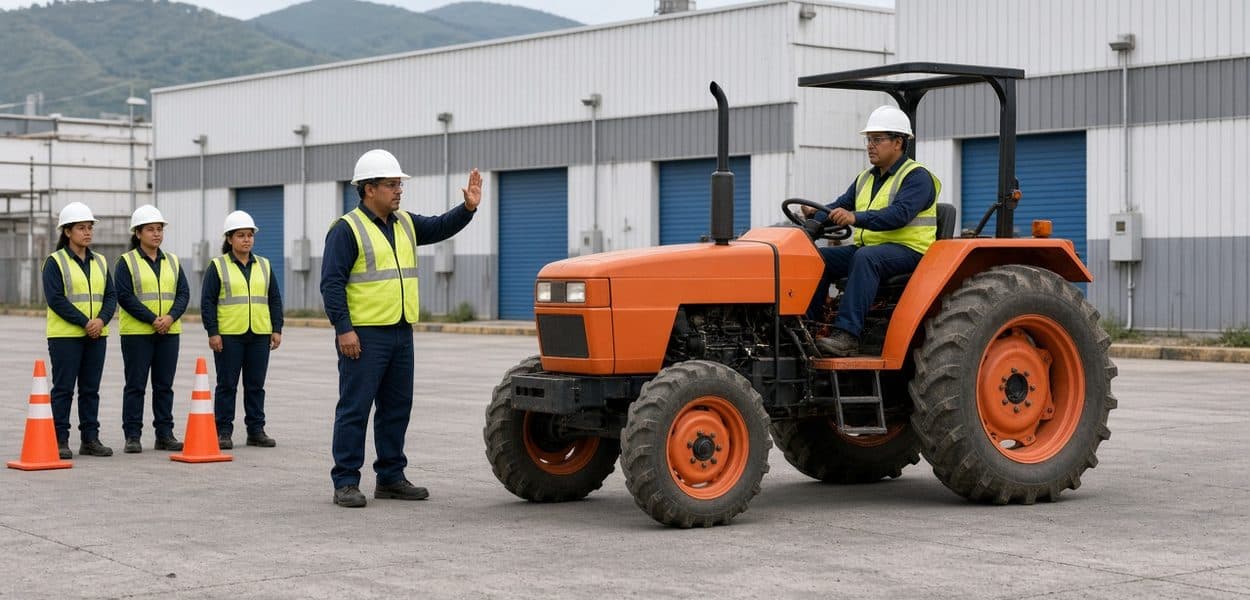 Instructor dando señales a un operador de tractor durante el Curso de Tractor en el patio de una planta industrial