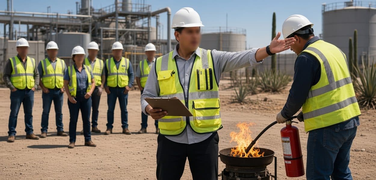 Trabajador practicando con un extintor sobre un fuego controlado en el Curso de Uso y Manejo de Extintores