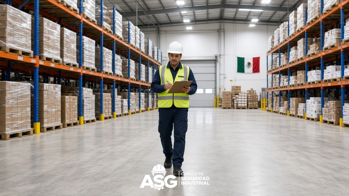 Inspector con checklist realiza inspección anual de seguridad e higiene en almacén