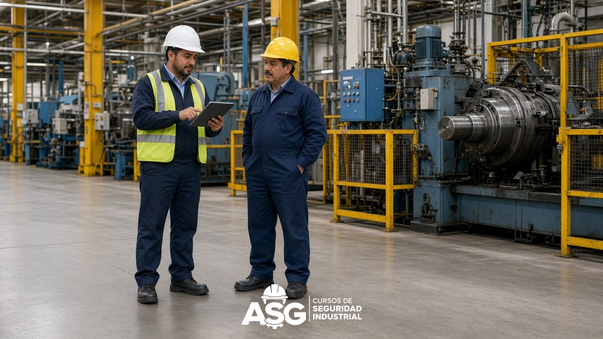 Ingeniero realiza análisis de riesgo laboral junto a maquinaria industrial con operador