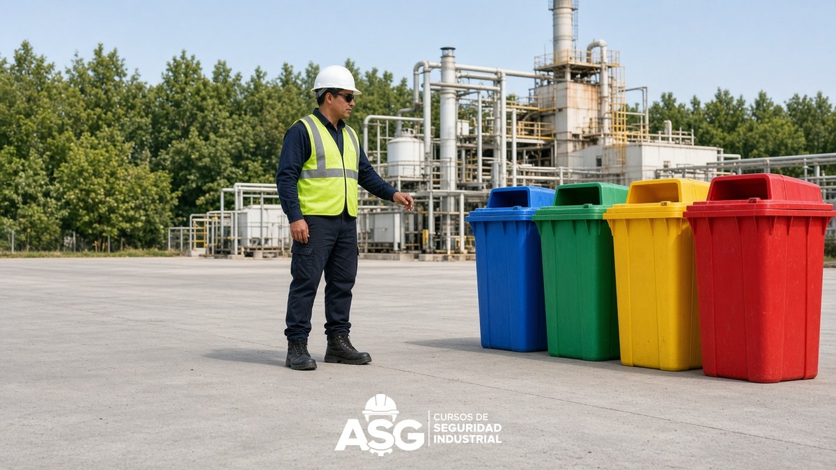 Cómo Integrar Seguridad Industrial y Medio Ambiente Responsable de seguridad industrial y medio ambiente revisa contenedores de separación de residuos