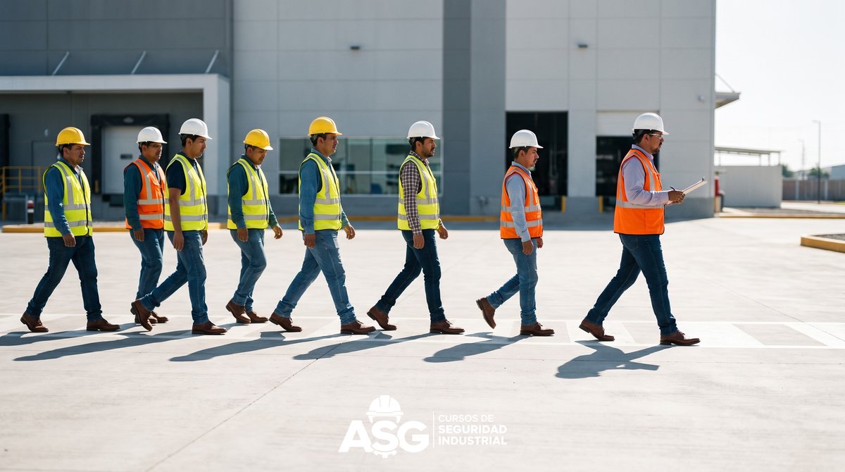 Cómo Organizar Simulacros Efectivos en tu Empresa: Importancia y Beneficios Trabajadores con casco, chaleco de alta visibilidad y botas de seguridad evacuan por una ruta señalizada durante un simulacro de emergencia en una planta industrial