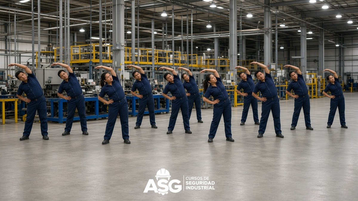 Trabajadores hacen estiramientos en pausa activa para prevenir lesiones musculoesqueléticas en planta