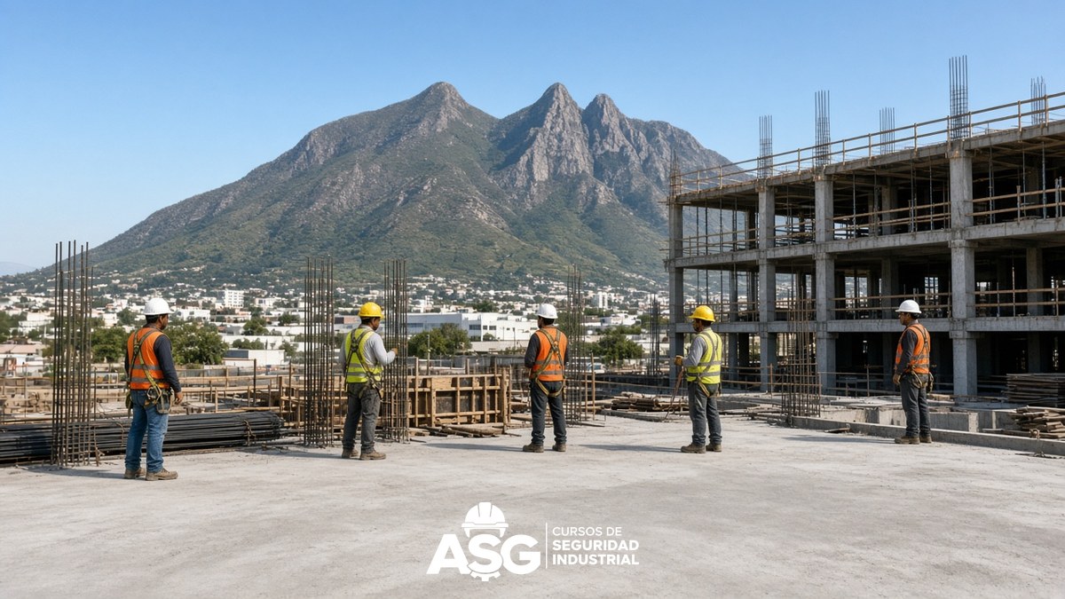 Trabajadores de construcción en obra civil de Nuevo León con Cerro de la Silla