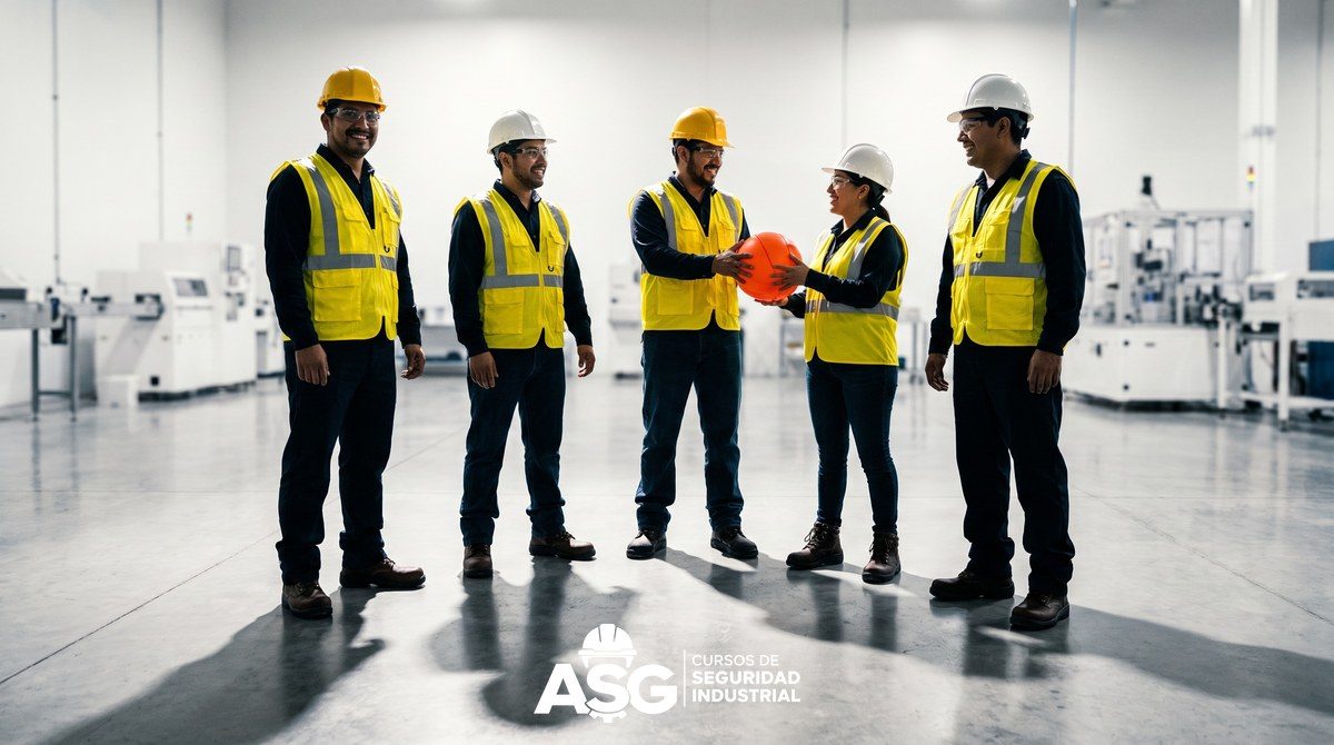 Dinámicas para Fortalecer la Cultura de Seguridad Grupo de trabajadores con casco, chaleco de alta visibilidad y botas de seguridad participan en una dinámica para fortalecer la cultura de seguridad en una planta industrial