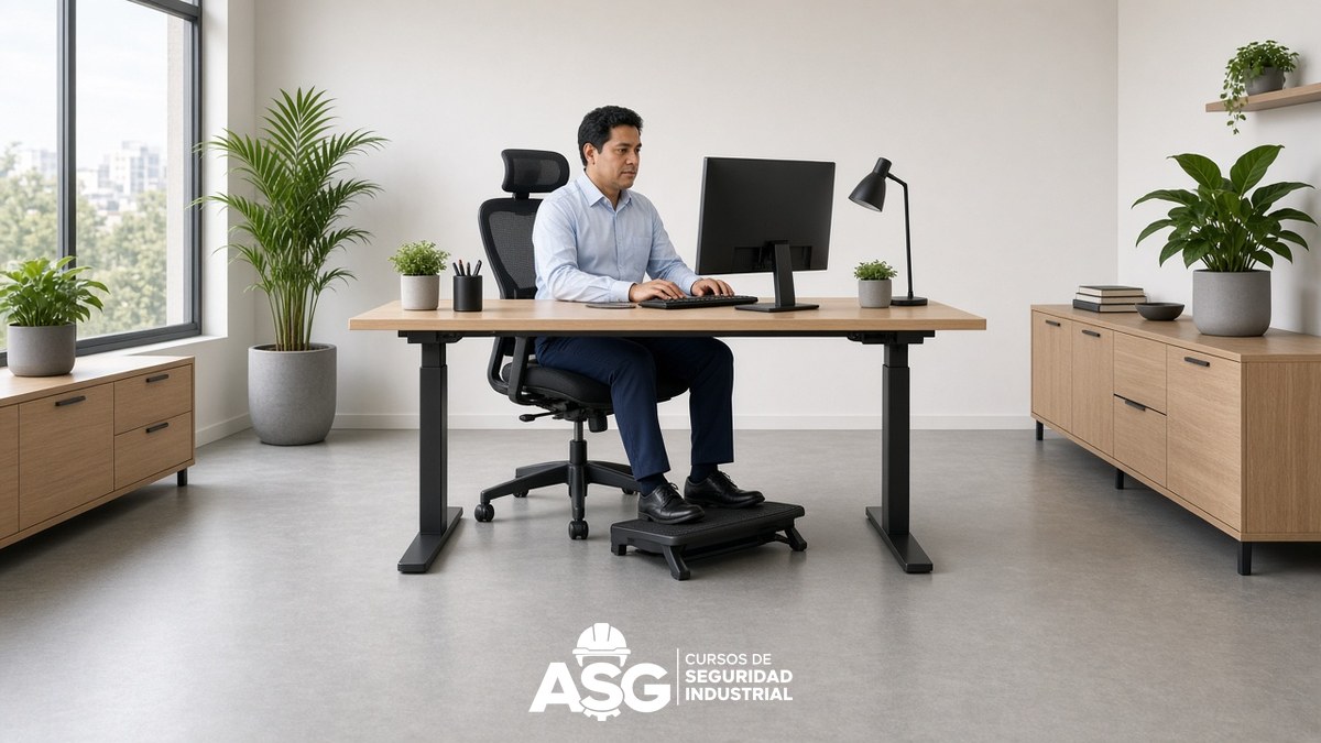 Ergonomía en Oficinas y Fábricas: Prácticas Recomendadas Empleado en estación de trabajo ergonómica con escritorio ajustable y reposapiés en oficina
