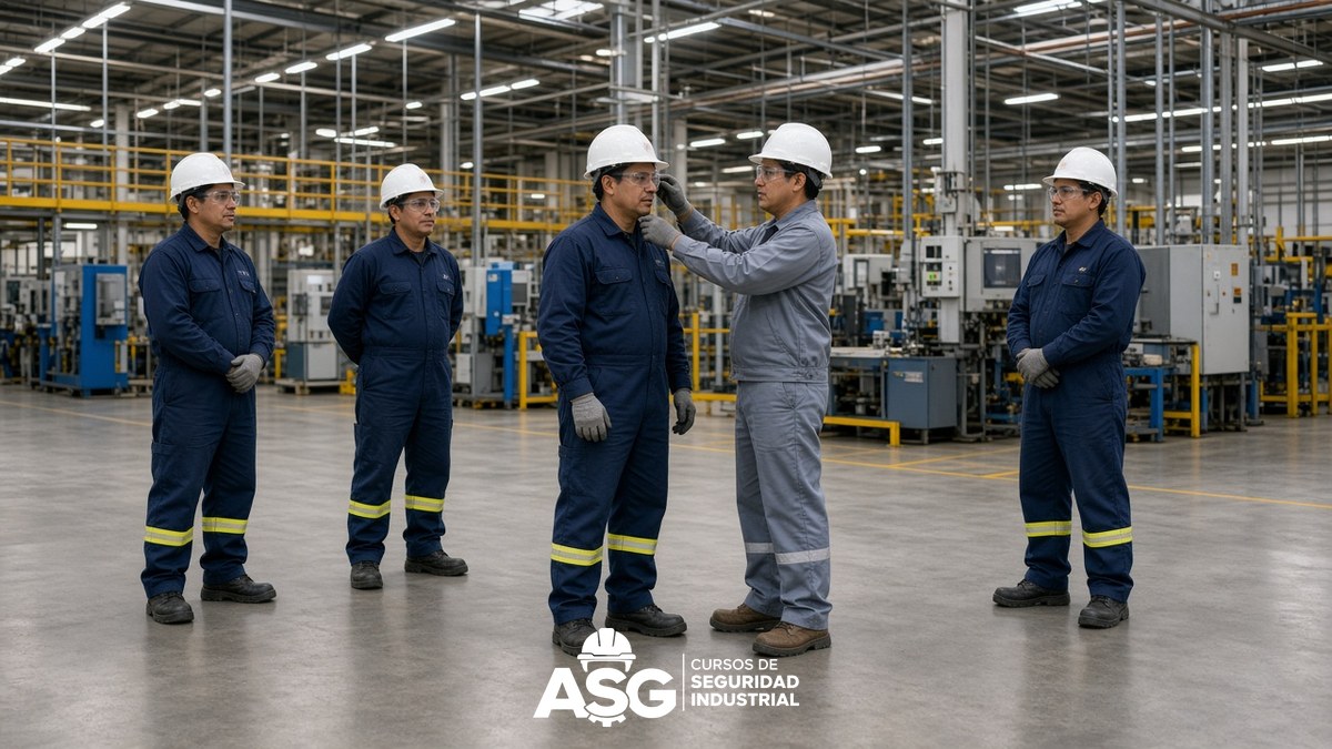 Supervisor corrige uso del equipo de protección personal a trabajador en planta