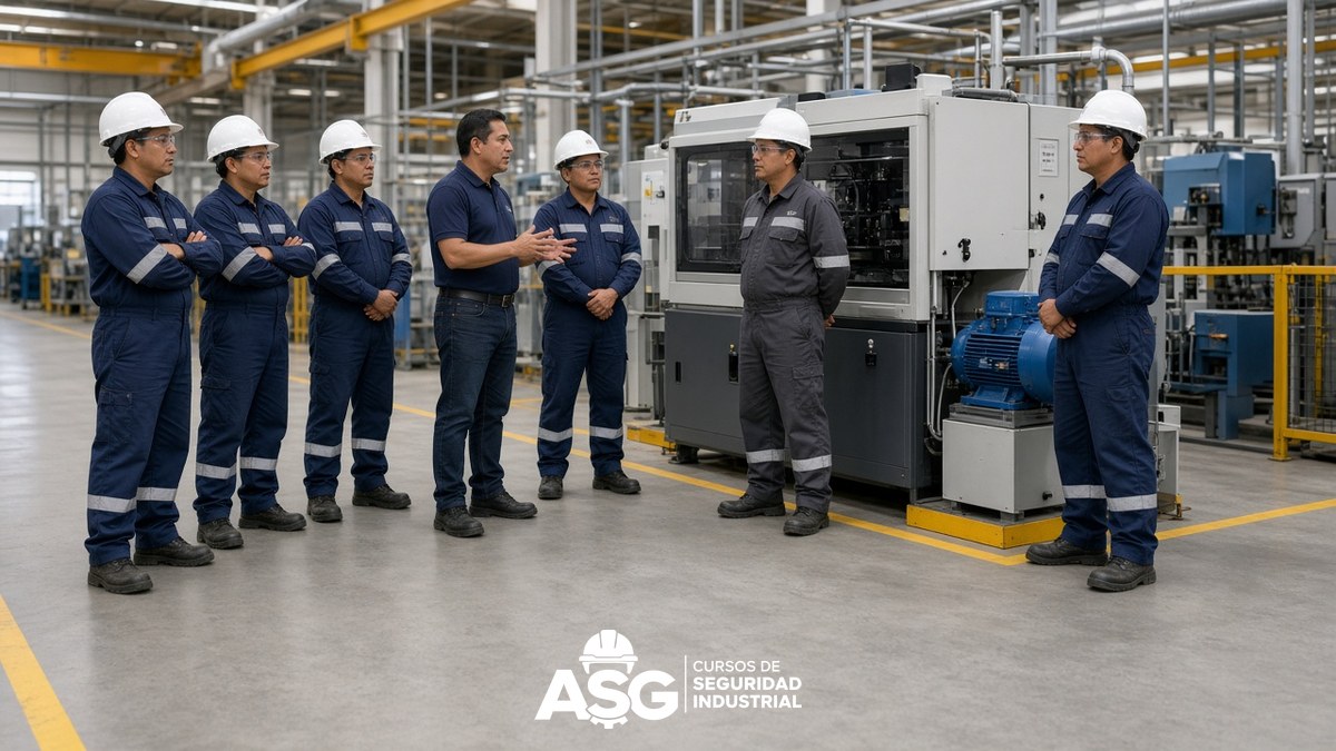 Instructor externo e interno imparten capacitación a trabajadores junto a máquina