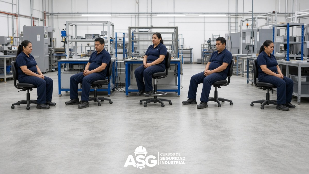 Trabajadores sentados en sillas ergonómicas en su estación conforme a la Ley Silla