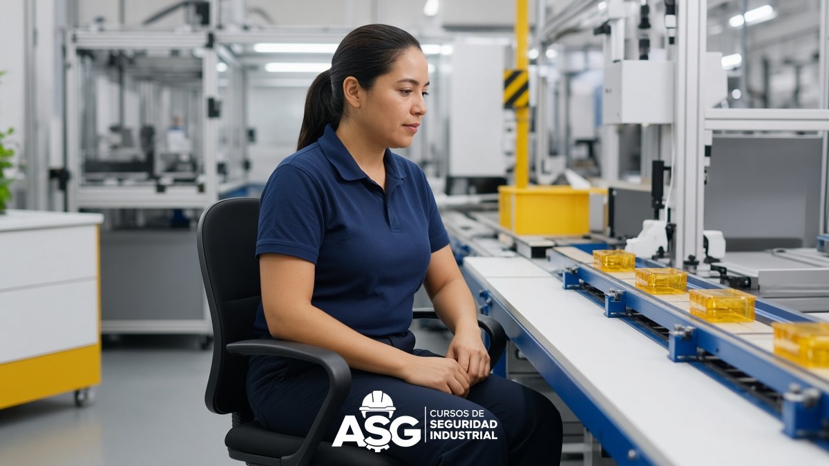 Ley Silla: sillas con respaldo en el centro de trabajo Trabajadora sentada en una silla con respaldo junto a una línea de producción en una planta industrial