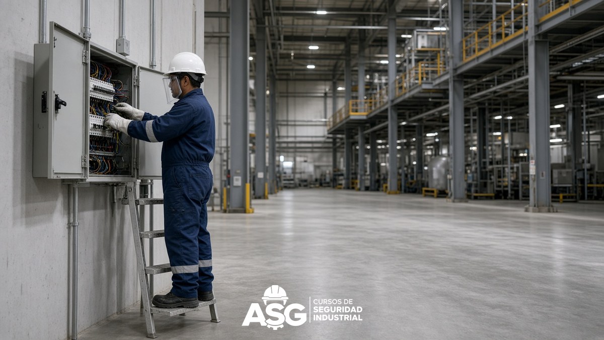 NOM-001-STPS-2008: Condiciones de Seguridad en Edificios e Instalaciones Electricista con guantes dieléctricos y careta trabaja en instalaciones eléctricas seguras
