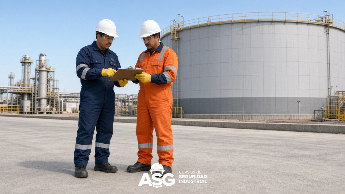 Supervisor y trabajador revisan permiso de trabajo seguro frente a tanque industrial
