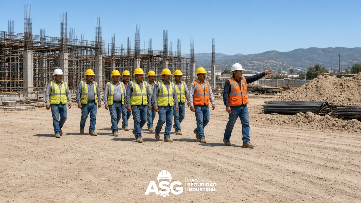 Brigadista guía a trabajadores de obra al punto de reunión en emergencias