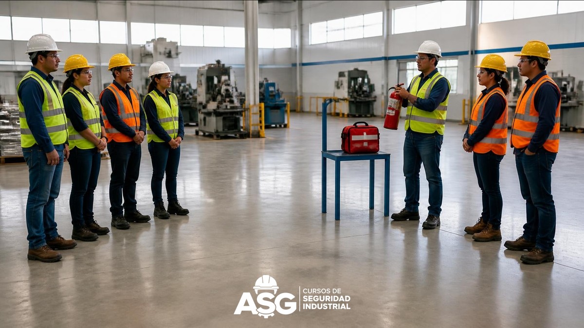 Semana de la Seguridad y Salud en el Trabajo: Actividades para Empresas Trabajadores con casco y chaleco reunidos junto a un extintor y un botiquín durante la semana de seguridad en una planta industrial mexicana