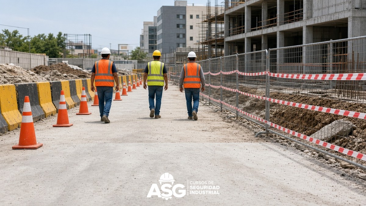 Señales y colores de seguridad en obra con conos, barreras y cinta
