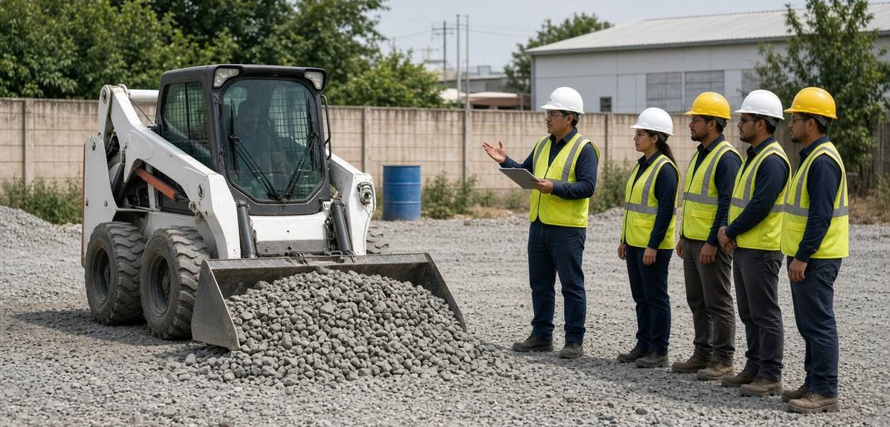 Curso de Bobcat - ASG Seguridad Industrial Instructor capacitando a trabajadores en el Curso de Bobcat junto a un minicargador dentro de una planta industrial