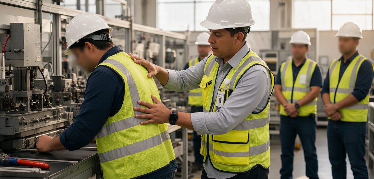 Curso de Ergonomía - ASG Seguridad Industrial Instructor corrigiendo la postura de un trabajador en su estación de trabajo durante el Curso de Ergonomía