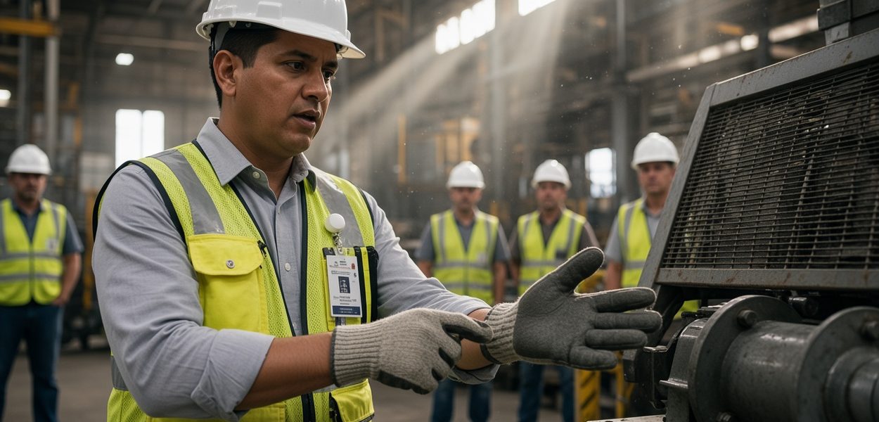 Curso de Seguridad en Manos - ASG Seguridad Industrial Instructor mostrando el uso correcto de guantes anticorte a trabajadores en el Curso de Seguridad en Manos dentro de una planta industrial